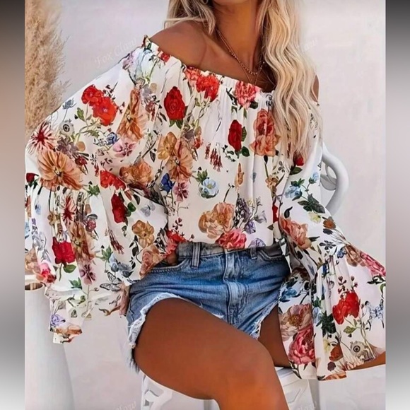 Boho Floral Off Shoulder Top Blouse Shirt White - Picture 2 of 4